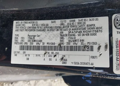 2013 Ford Fiesta Se из США, поврежденный, VIN 3FADP4BJ0DM175870